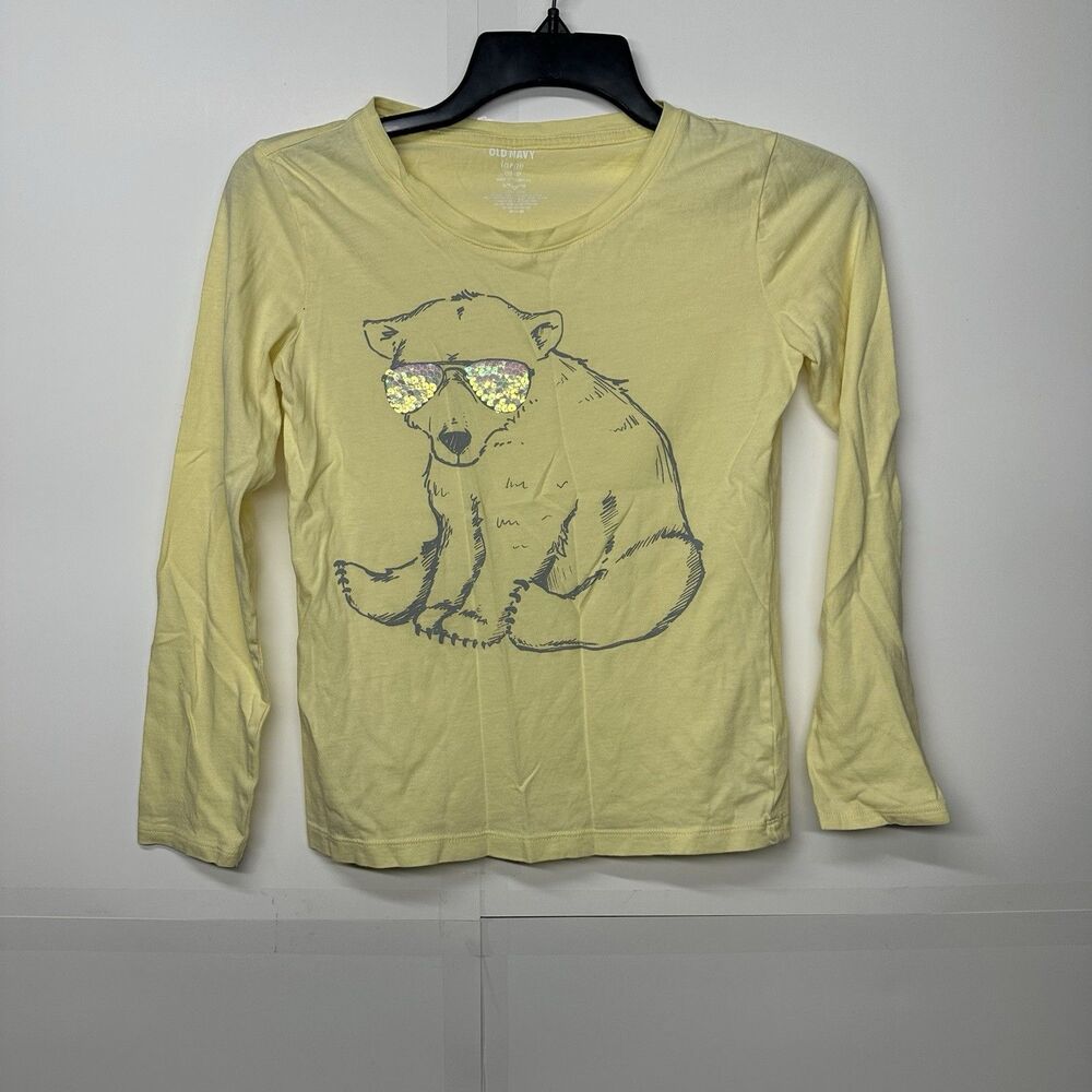 Old Navy Girls Long Sleeve Shirt Size L 10/12 Yellow Bear w/ Sunglasses